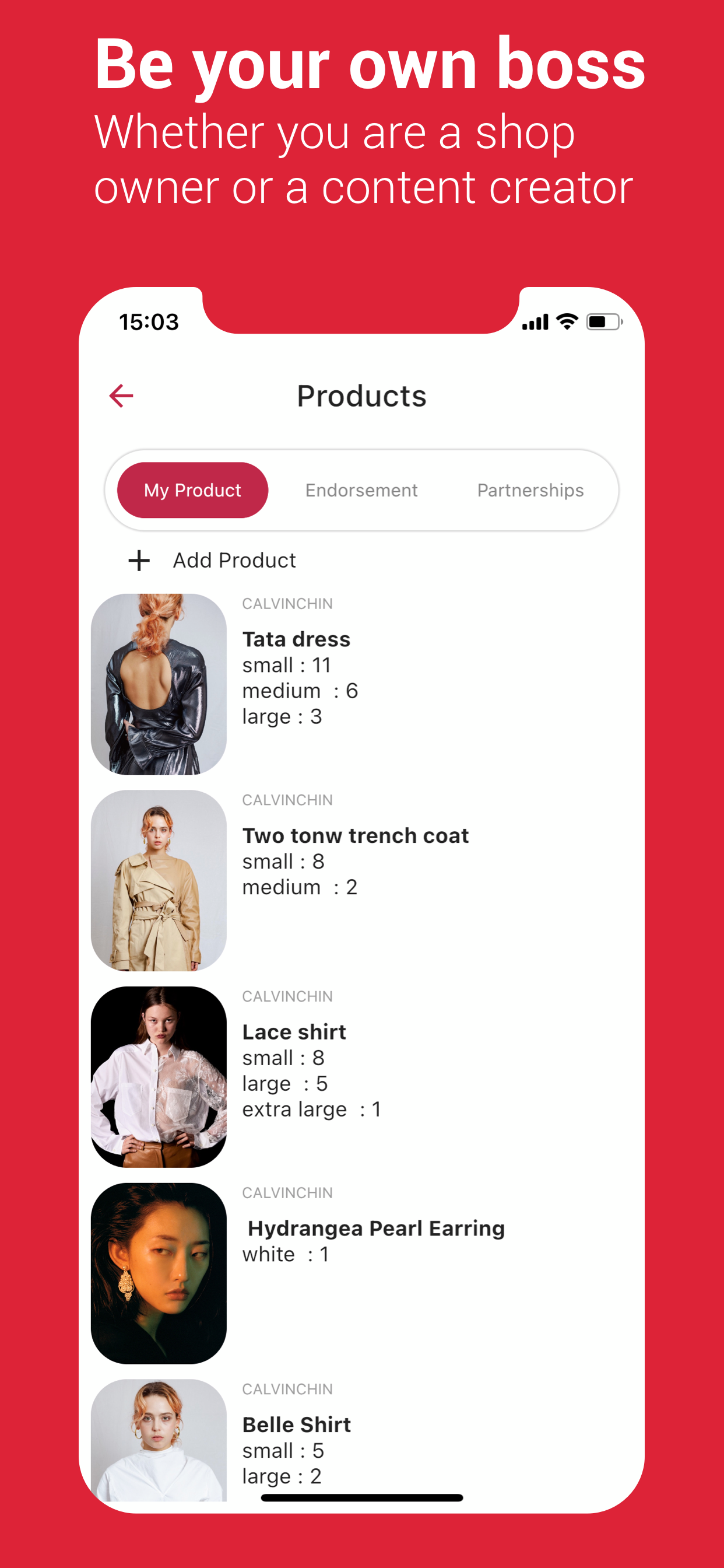 Au Marché seller product list with sizes and stock